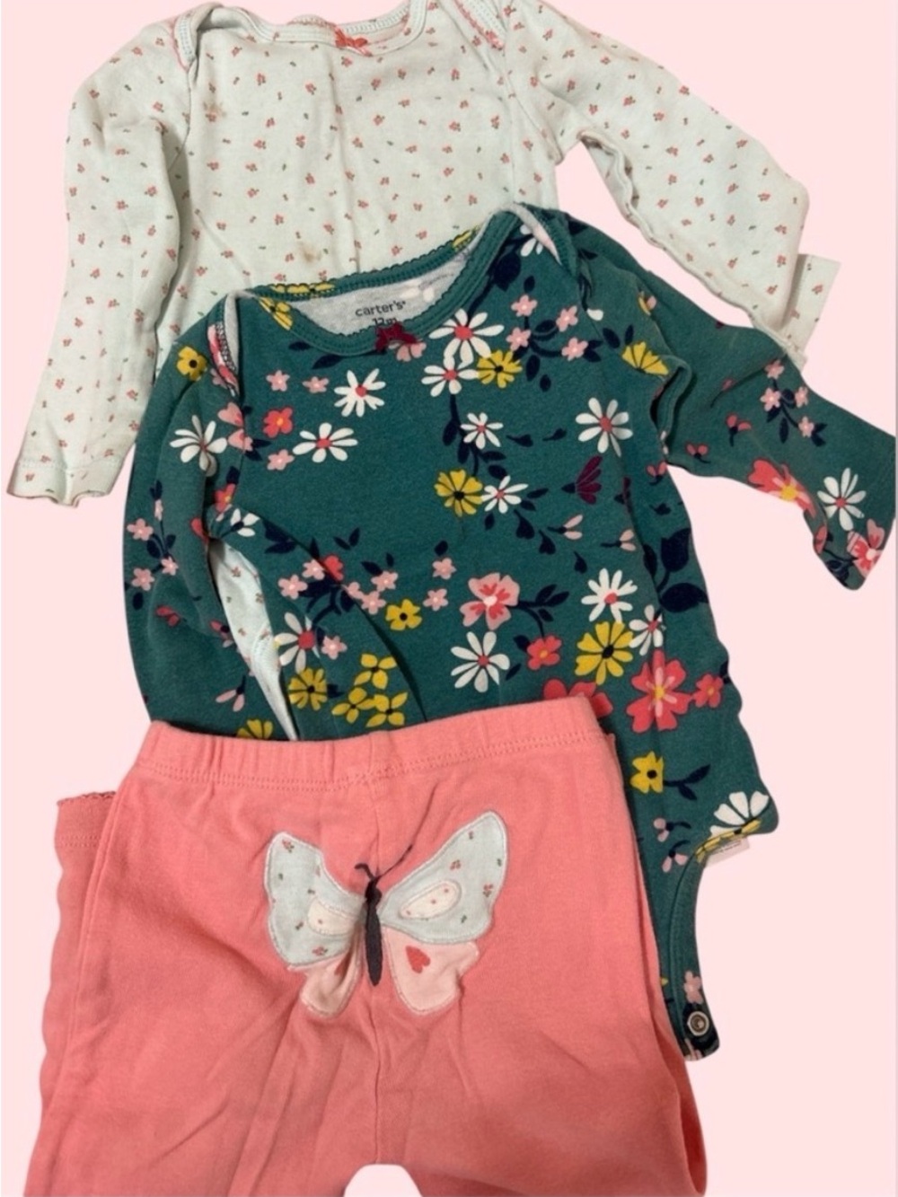 12 Months Carter's Baby Girl 3pc Outfit Set. 2 Floral Bodysuits + Pants